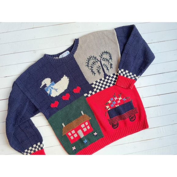 Deans of Scotland vtg red blue duck bird house farm animal cotton sweater - Picture 2 of 3